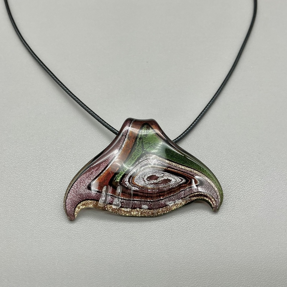 Dichroic Brown and Green Swirl Art Glass Whale Tail Pendant Necklace